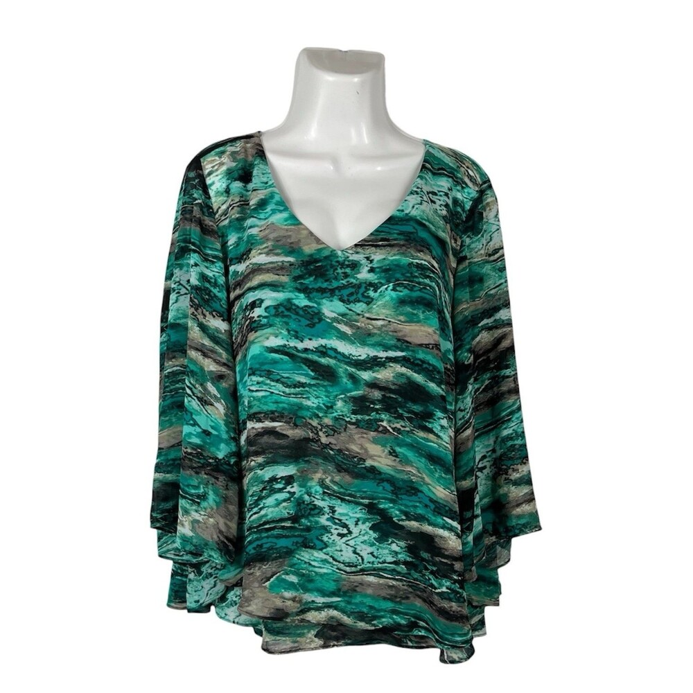 Jennifer Lopez Blouse Large Teal Black Marble V-Neck 3/4 Sleeve Layered Top Boho